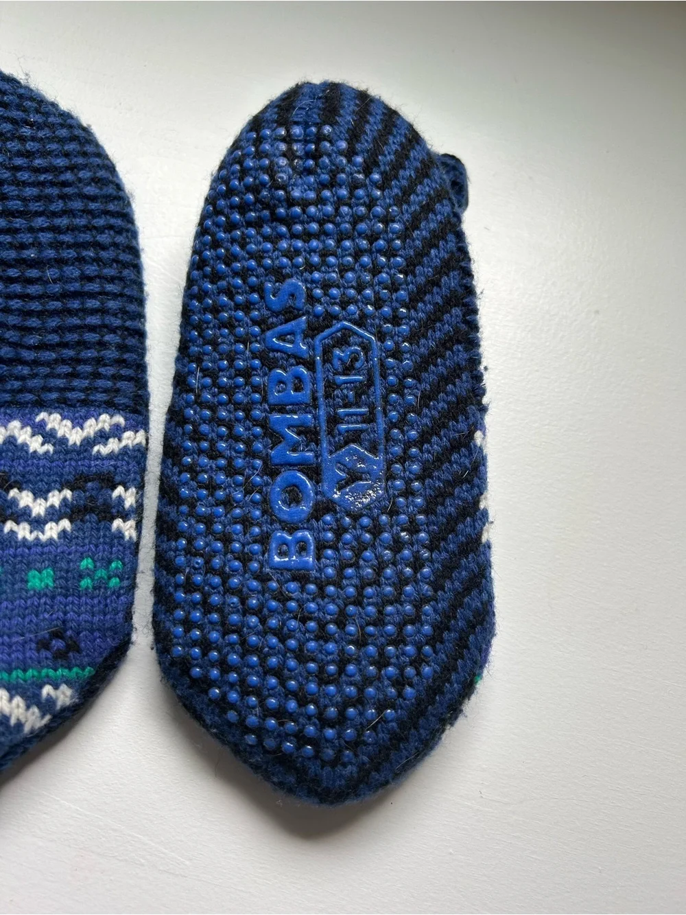 Bombas Navy Blue Patterned Kids Slipper Socks with Green and White Accents